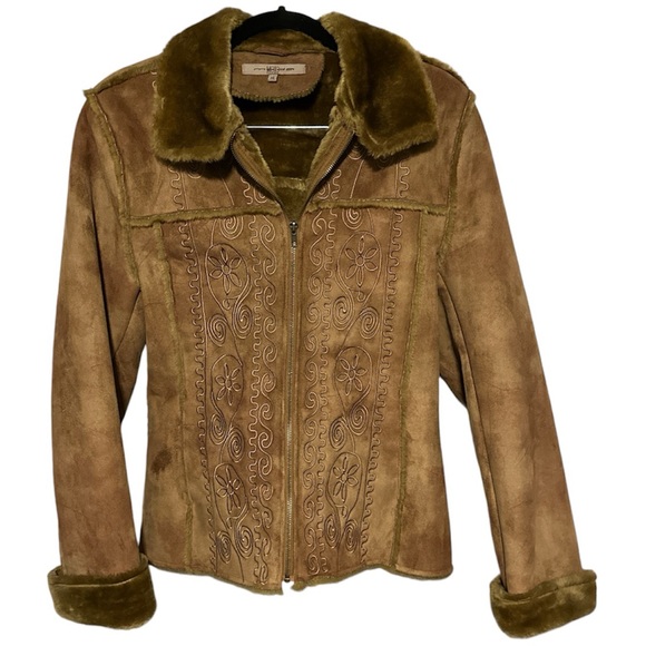 Mojo Moda Brown Embroidered Zip Jacket Coat Faux Fur Suede Size Extra Large - Picture 1 of 6